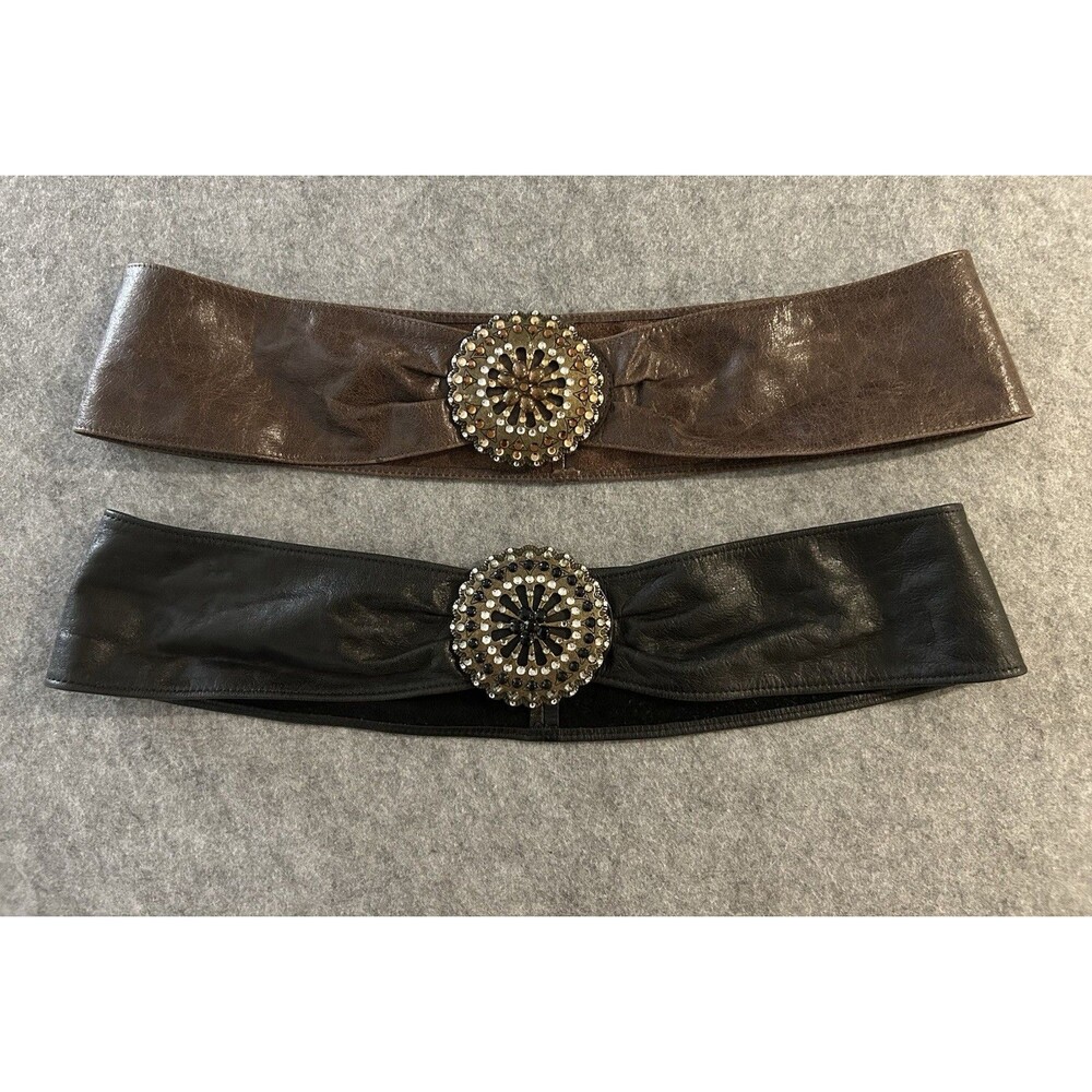 2 Boston Proper Wide Leather Belts Metal Rhinestone Buckle Brown Black ML, Boho